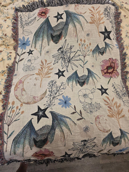 Celestial Bat Woven Blanket — Moon & Star Throw with Botanical Accents
