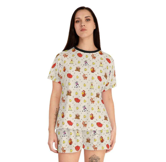 Women's Cow Print Short Pajama Set — Cute Woodland Critters Fall Sleepwear
