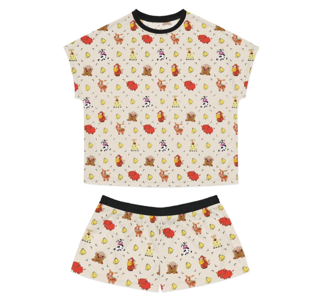 Women's Cow Print Short Pajama Set — Cute Woodland Critters Fall Sleepwear