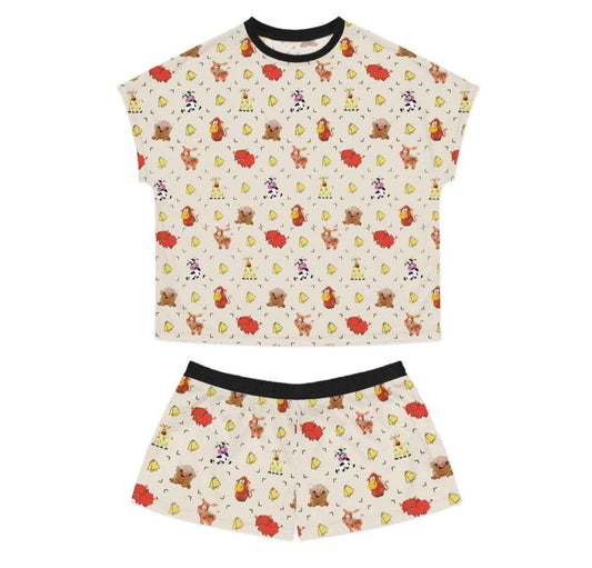 Women's Cow Print Short Pajama Set — Cute Woodland Critters Fall Sleepwear