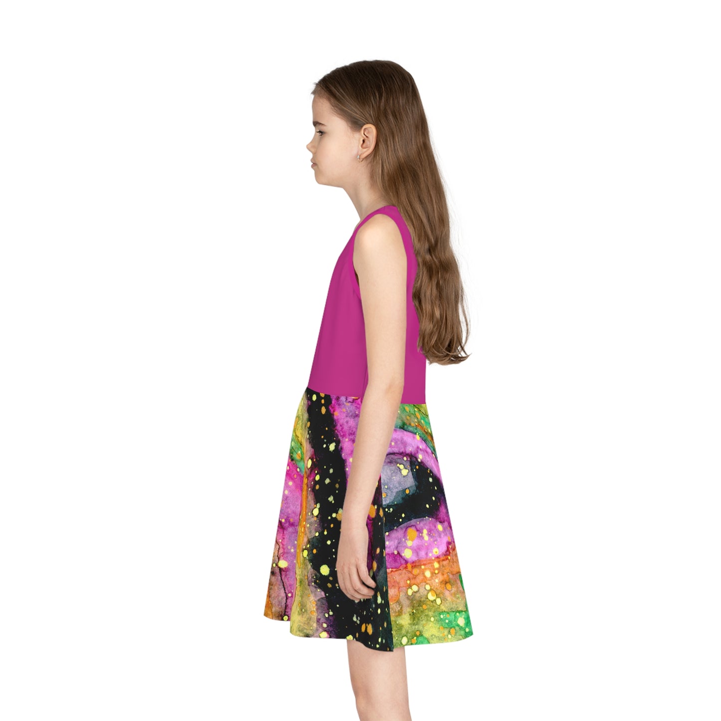 Pink Top Neon Galaxy Girls' Sleeveless Sundress (AOP)