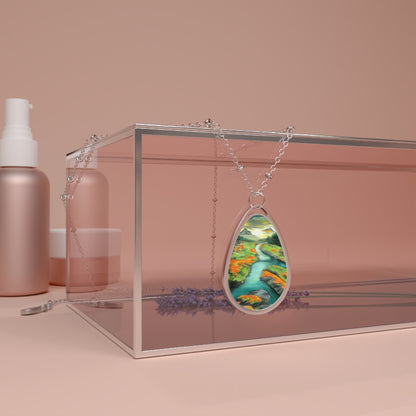 Silver Oval Pendant Necklace with Hand-painted Boho Winding River Nature Art