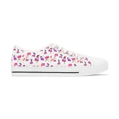 Women's Low Top Sneakers — White Backed Pink Flamingo Pattern Casual Canvas Shoes