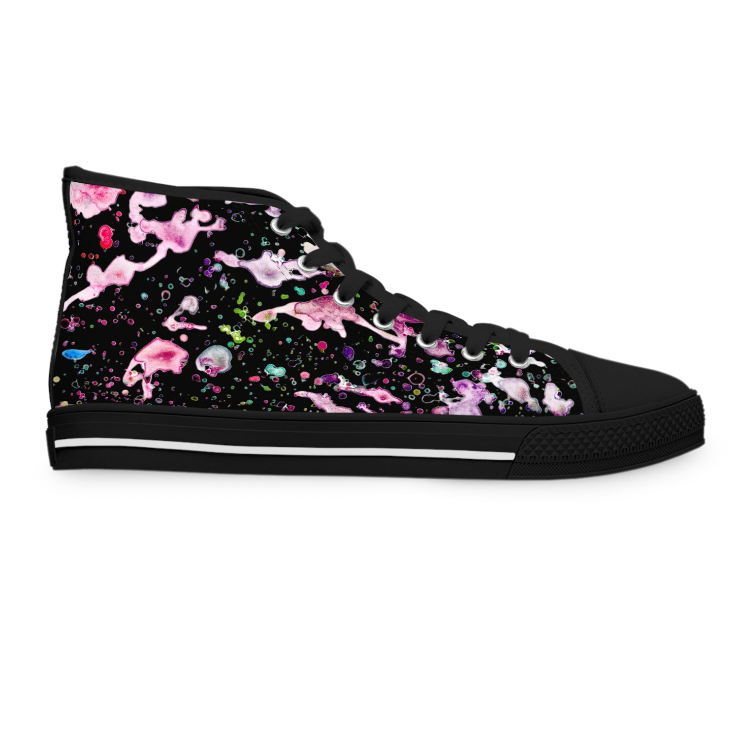 High-Top Sneakers — Pink & Black Paint Splatter Women's Canvas Shoes