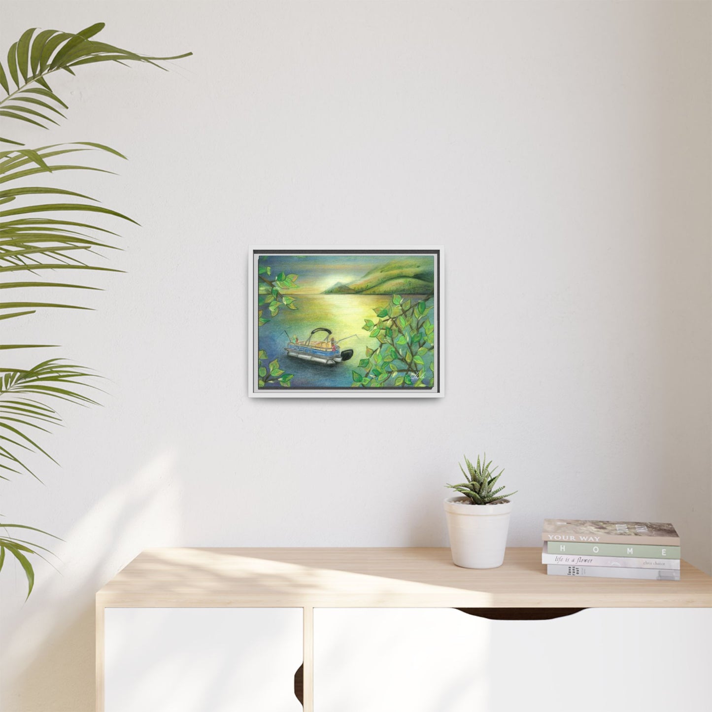 Pontoon Boat on Lake Framed Wall Art