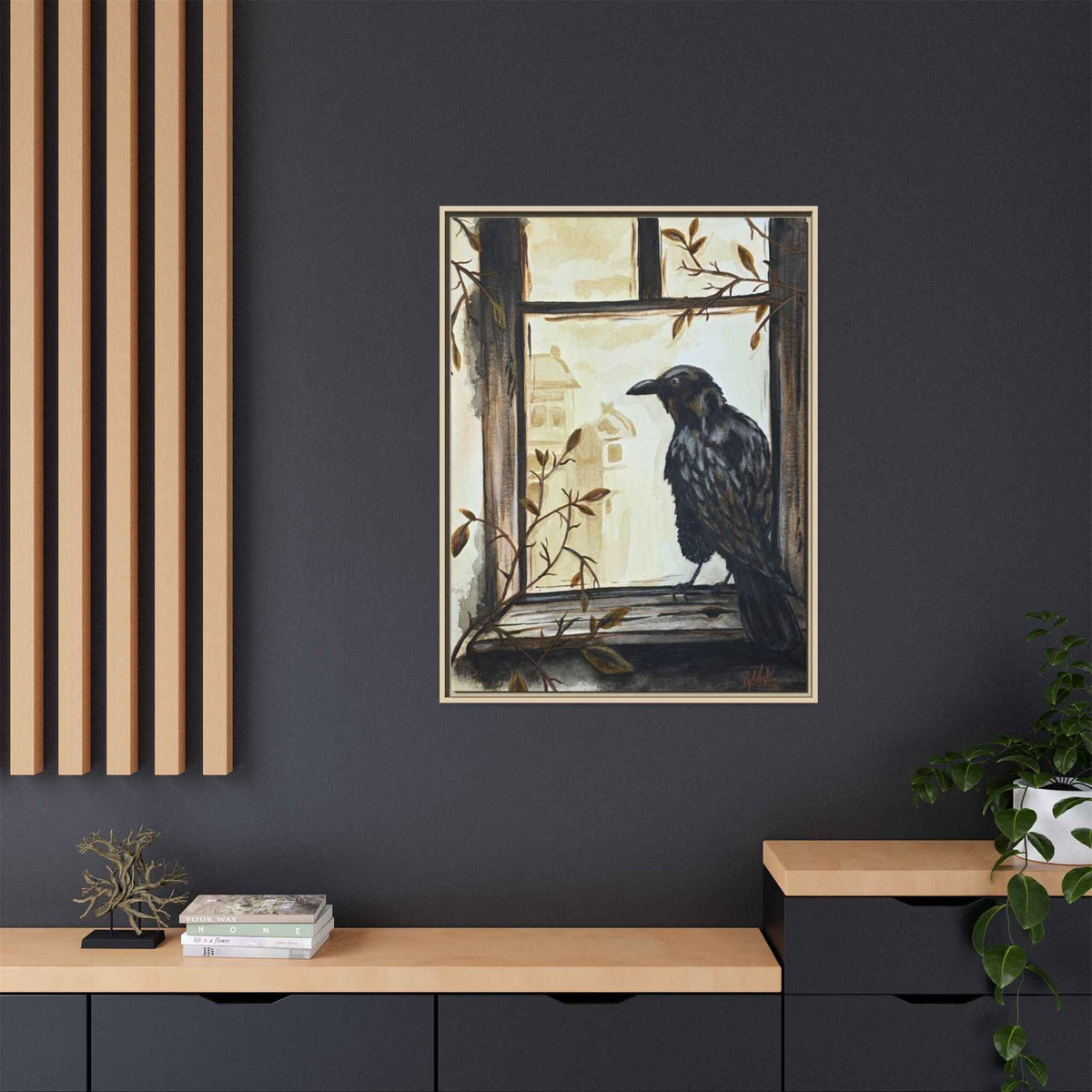 Framed Matte Canvas Print — Raven on Windowpane Wall Art