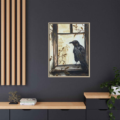 Framed Matte Canvas Print — Raven on Windowpane Wall Art