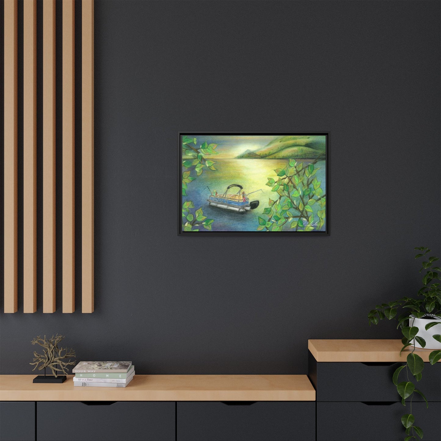 Pontoon Boat on Lake Framed Wall Art
