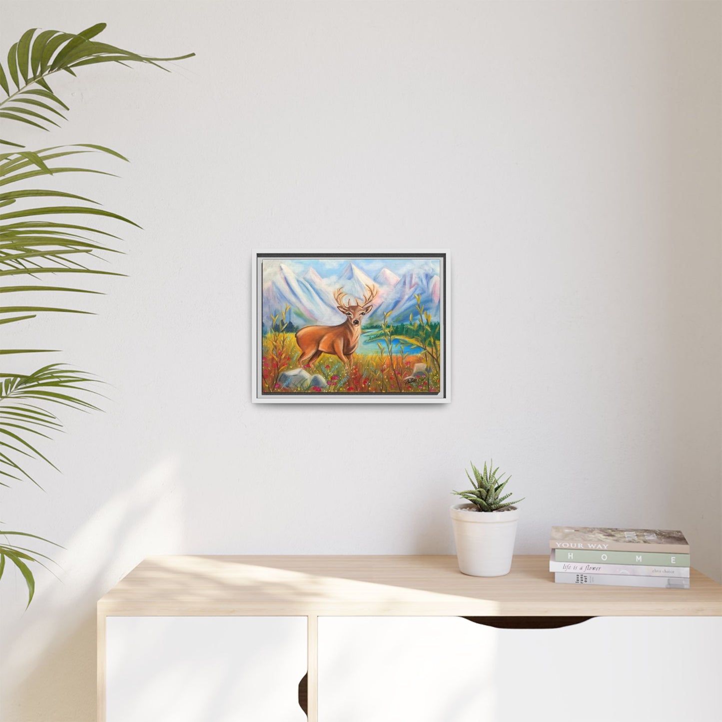 Framed Canvas Wall Art — Majestic Deer in Mountain Meadow