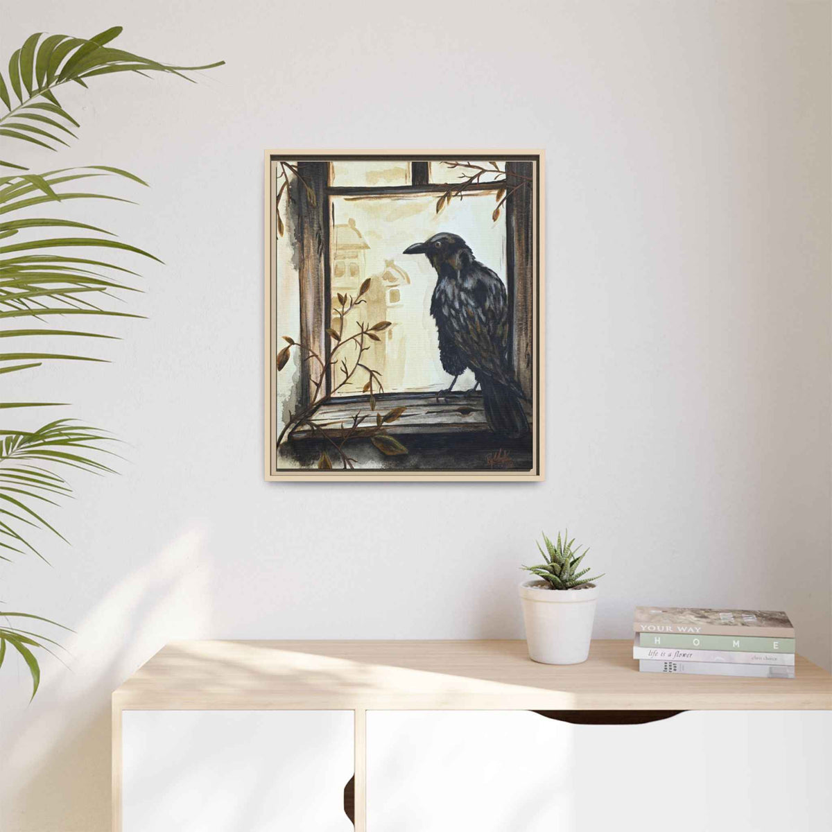 Framed Matte Canvas Print — Raven on Windowpane Wall Art