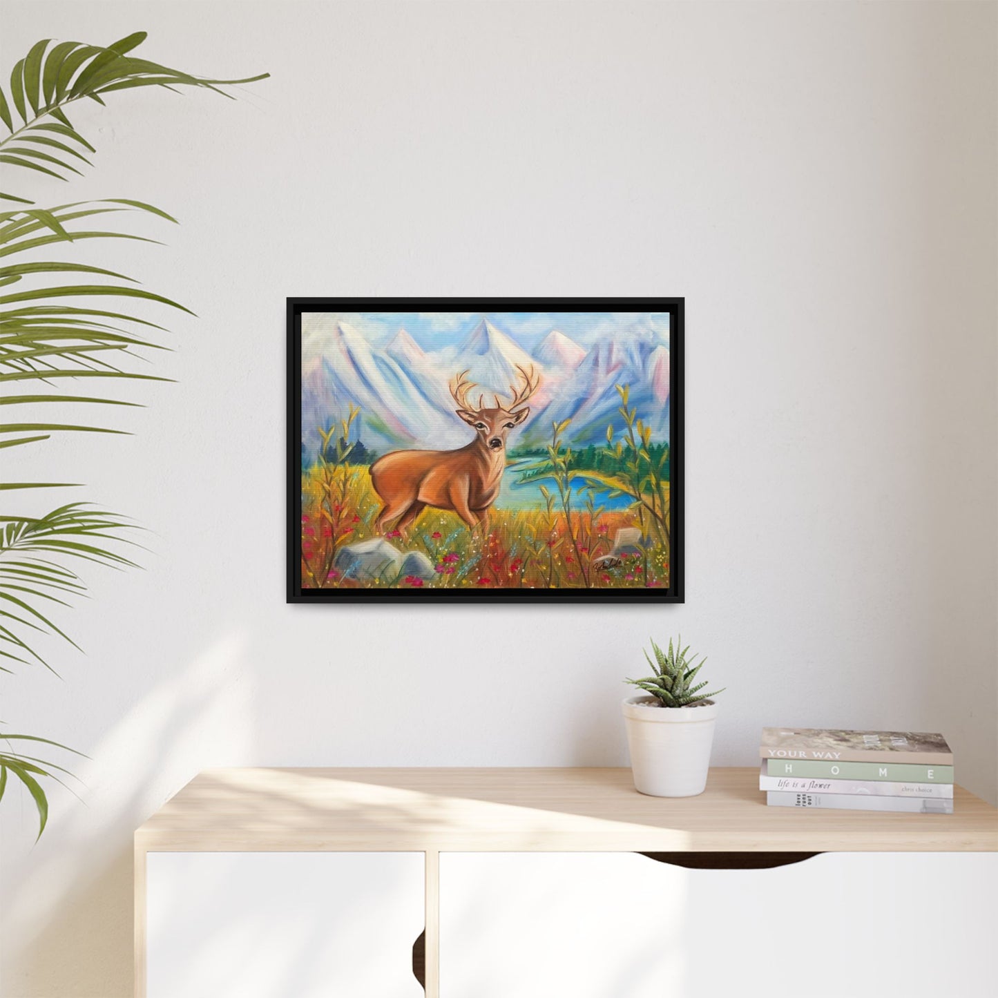 Framed Canvas Wall Art — Majestic Deer in Mountain Meadow