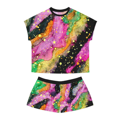 Women's Colorful Galaxy Short Pajama Set — Abstract Watercolor Marble Sleepwear