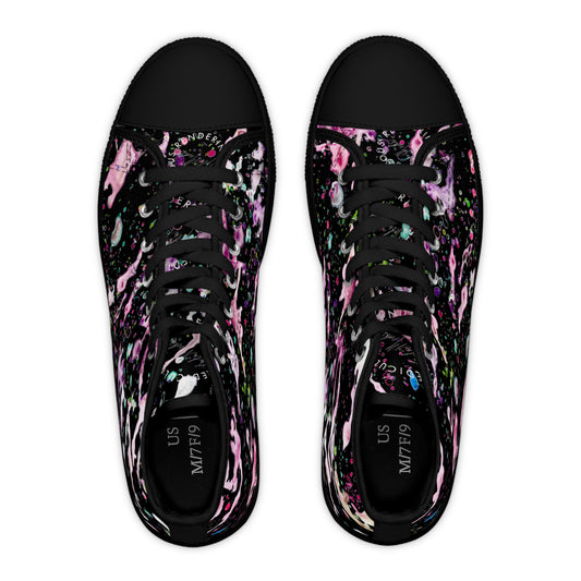 High-Top Sneakers — Pink & Black Paint Splatter Women's Canvas Shoes