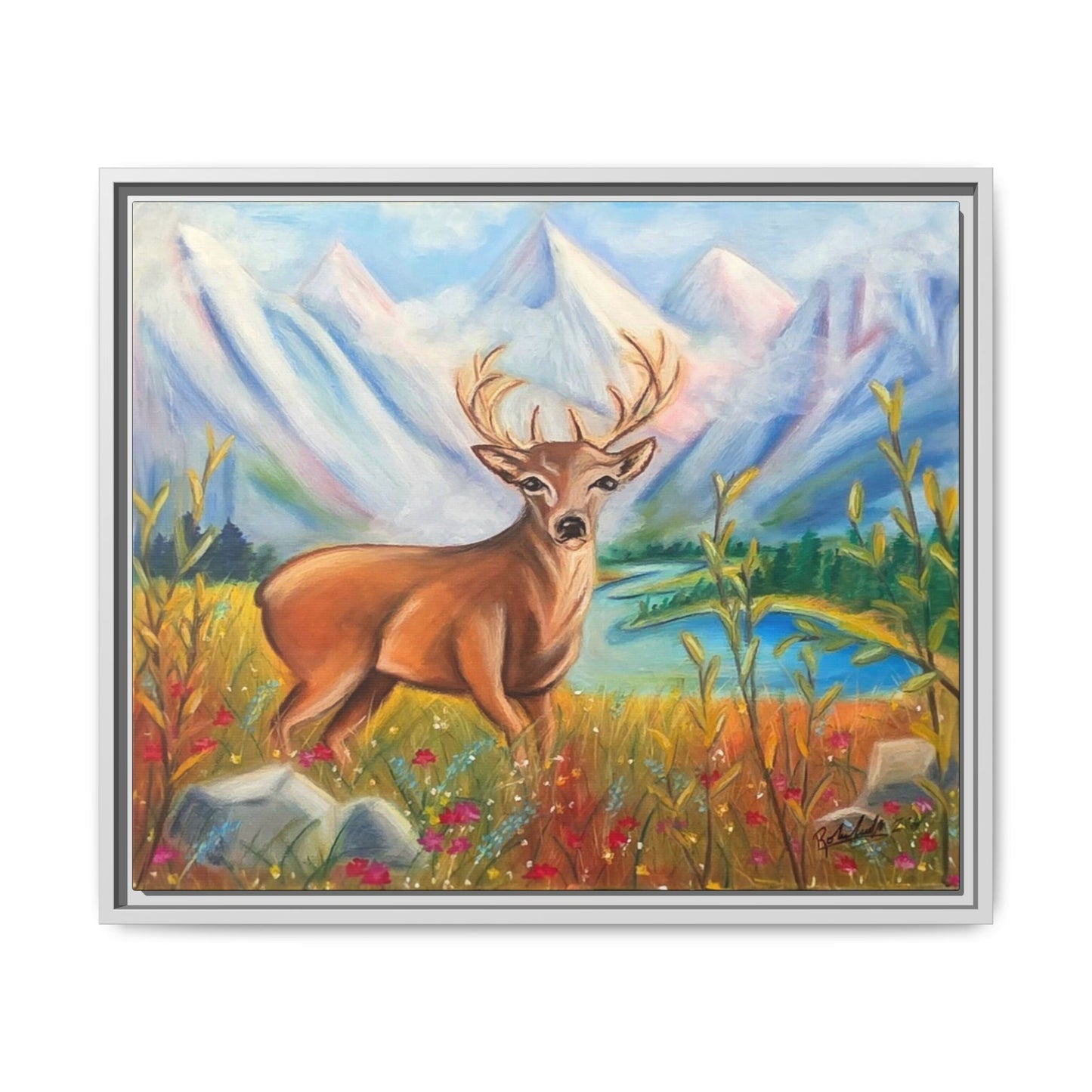 Framed Canvas Wall Art — Majestic Deer in Mountain Meadow