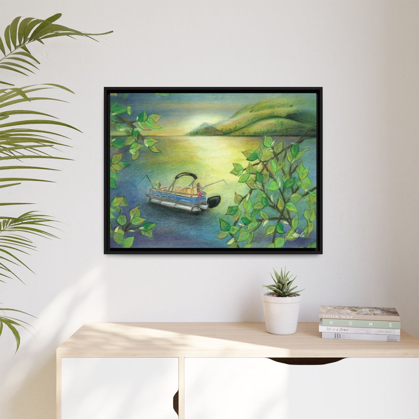 Pontoon Boat on Lake Framed Wall Art