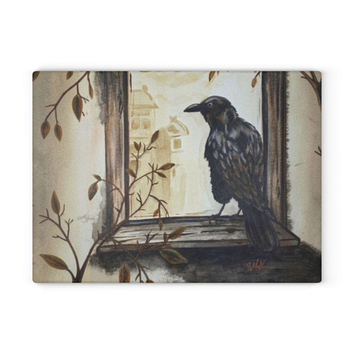 Raven Window Glass Cutting Board — Gothic Kitchen Decorative Chopping Board