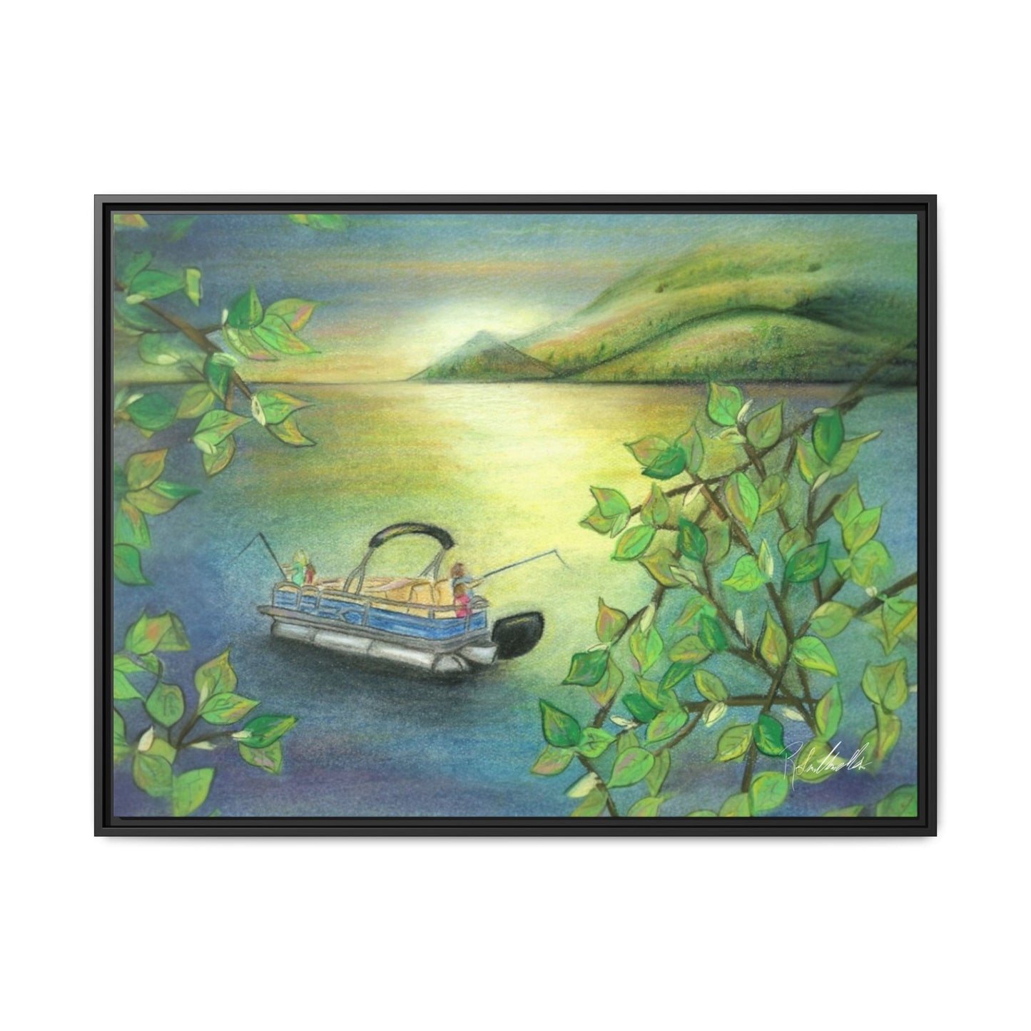 Pontoon Boat on Lake Framed Wall Art
