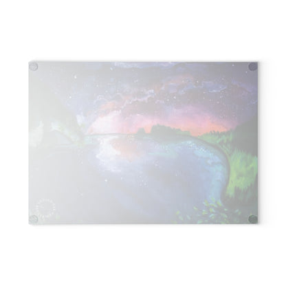Glass Cutting Board - Aurora Lake Nightscape Art
