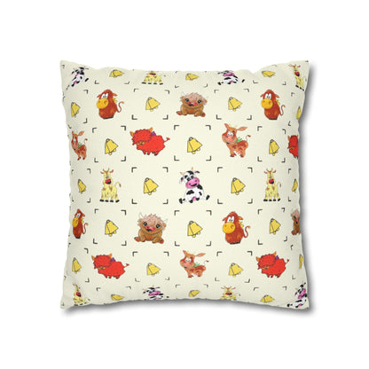 Cute Farm Animal Pattern Square Pillowcase – Whimsical Chick, Pig & Cow Throw Pillow Cover