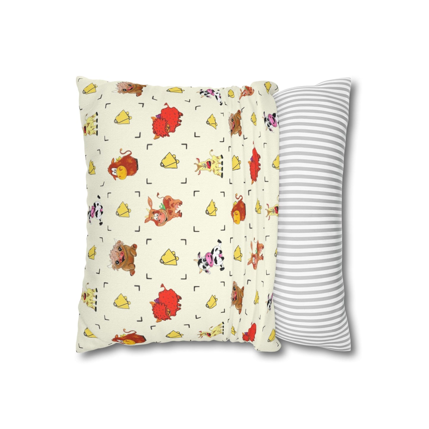 Cute Farm Animal Pattern Square Pillowcase – Whimsical Chick, Pig & Cow Throw Pillow Cover