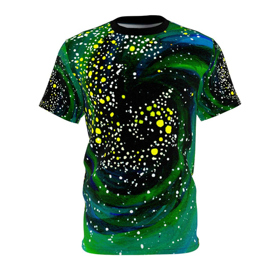 Galaxy Swirl Tee — Green Cosmic All-Over Print T‑Shirt