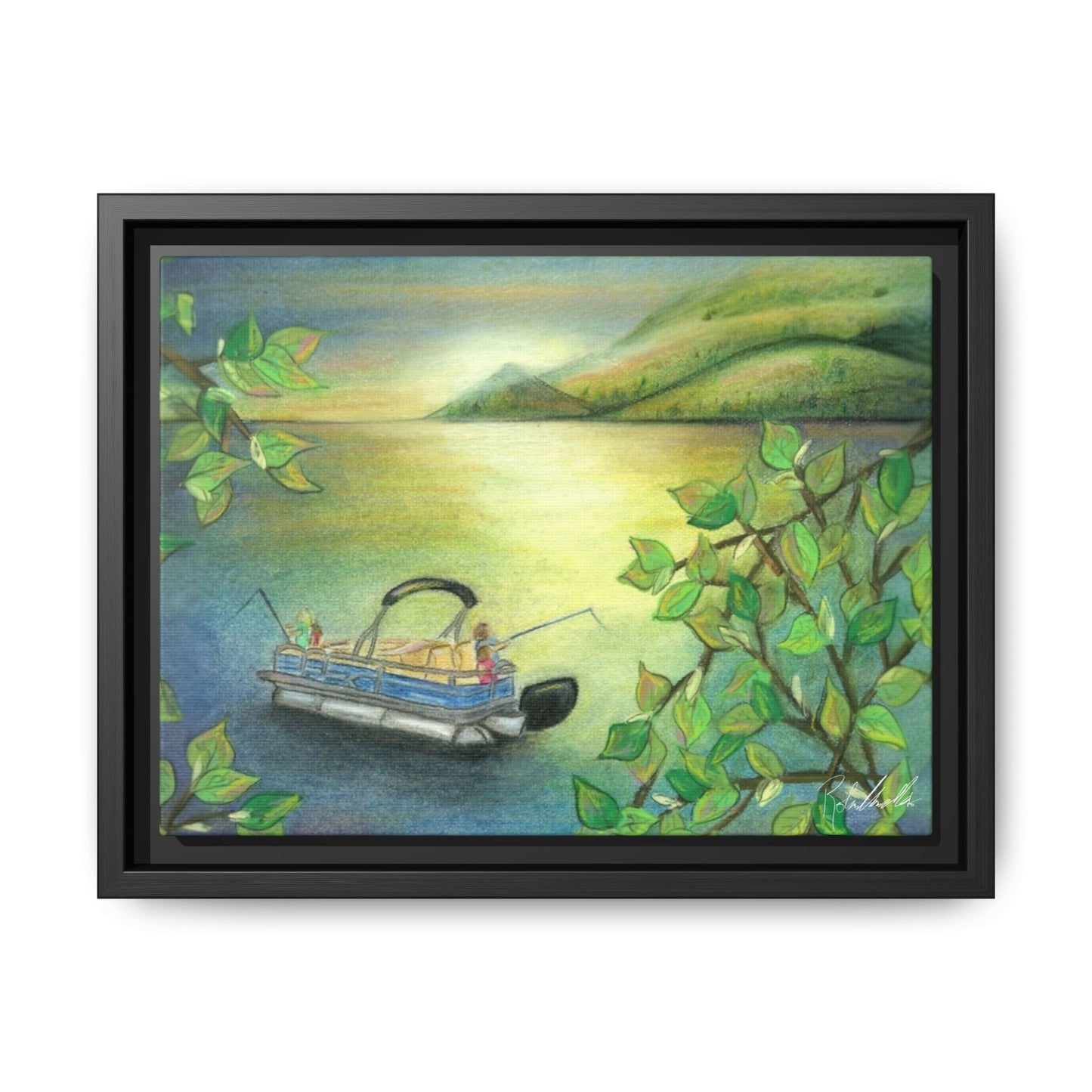 Pontoon Boat on Lake Framed Wall Art