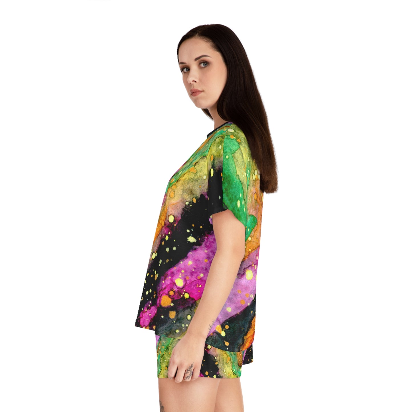 Women's Colorful Galaxy Short Pajama Set — Abstract Watercolor Marble Sleepwear