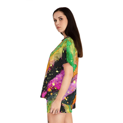 Women's Colorful Galaxy Short Pajama Set — Abstract Watercolor Marble Sleepwear