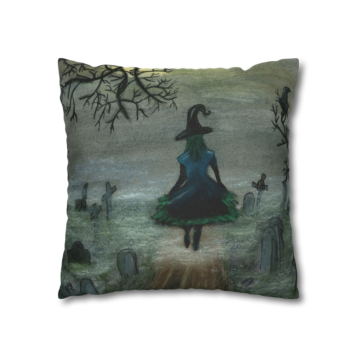 Witch Silhouette Spun Polyester Pillow - Haunted Graveyard Halloween Decor