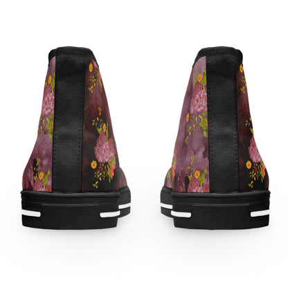 Floral Burgundy High Top Sneakers — Women's Artistic Rose Pattern