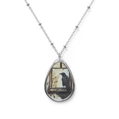 Raven Oval Pendant Necklace — Gothic Vintage Bird Art Jewelry