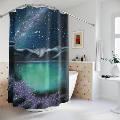 Northern Lights Lake Shower Curtain — Starry Night Aurora Bathroom Decor