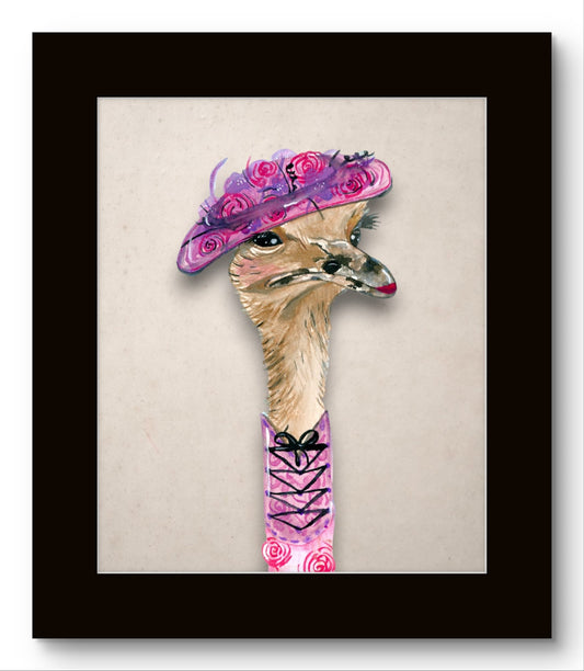 Ostrich in a Pink Hat with Flowers Watercolor 8x10 Museum Grade Fine Art Print