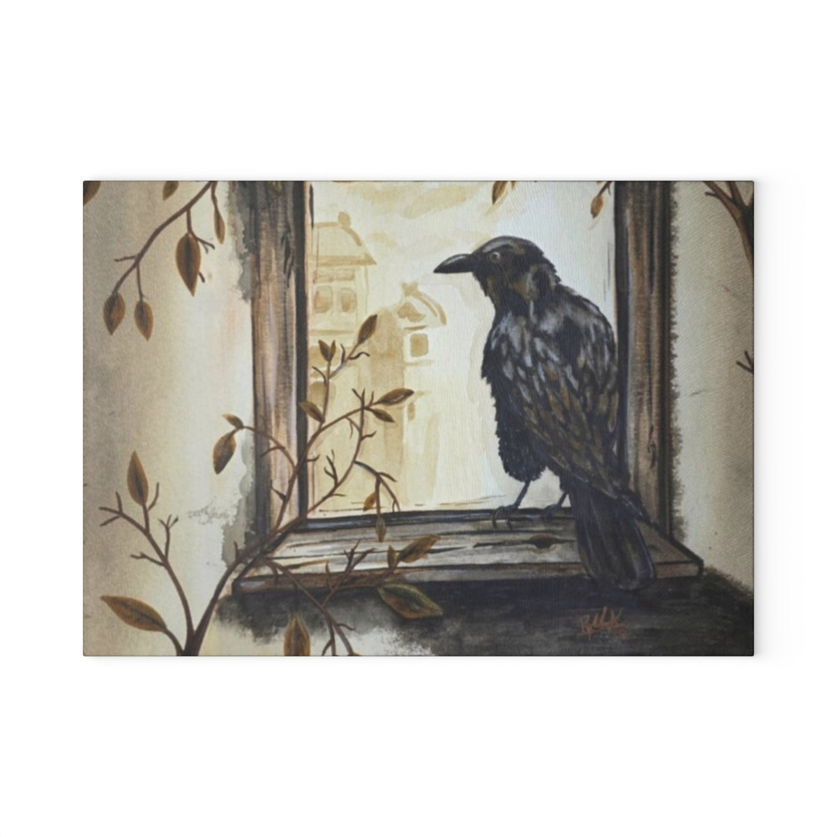 Raven Window Glass Cutting Board — Gothic Kitchen Decorative Chopping Board