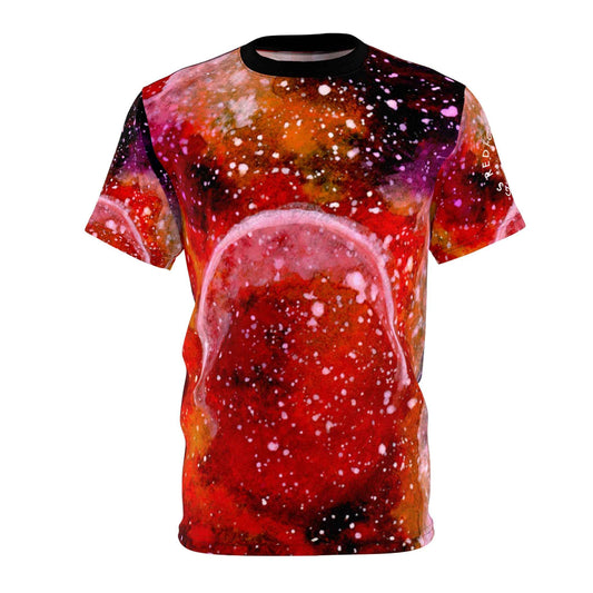 Galaxy Nebula All-Over Print Tee — Red Cosmic Astronaut Silhouette
