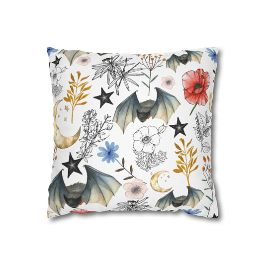 Botanical Night Bat Pillowcase — Floral Moon & Stars Throw Pillow Cover