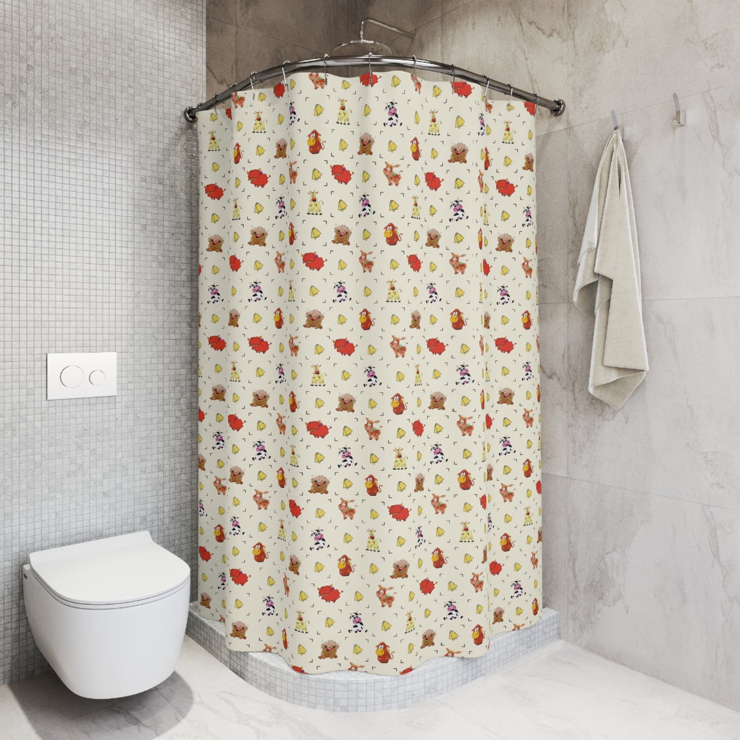 Woodland Cowbell Shower Curtain — Cute Farm Animals & Cow Bells Bathroom Decor