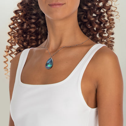 Silver Oval Pendant Necklace with Hand-painted Starry Night Nature Art