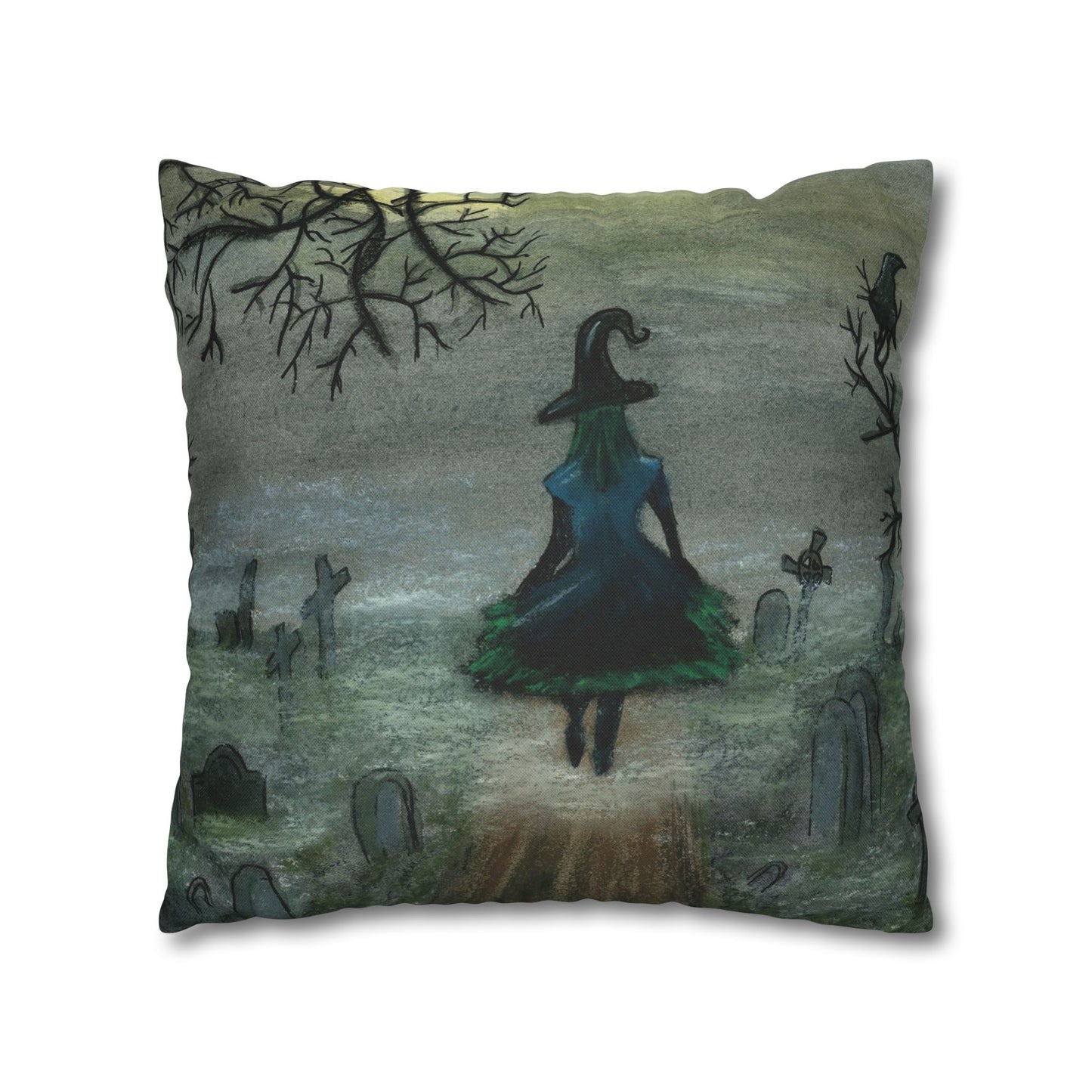 Witch Silhouette Spun Polyester Pillow - Haunted Graveyard Halloween Decor