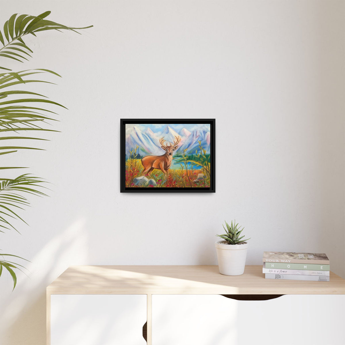 Framed Canvas Wall Art — Majestic Deer in Mountain Meadow