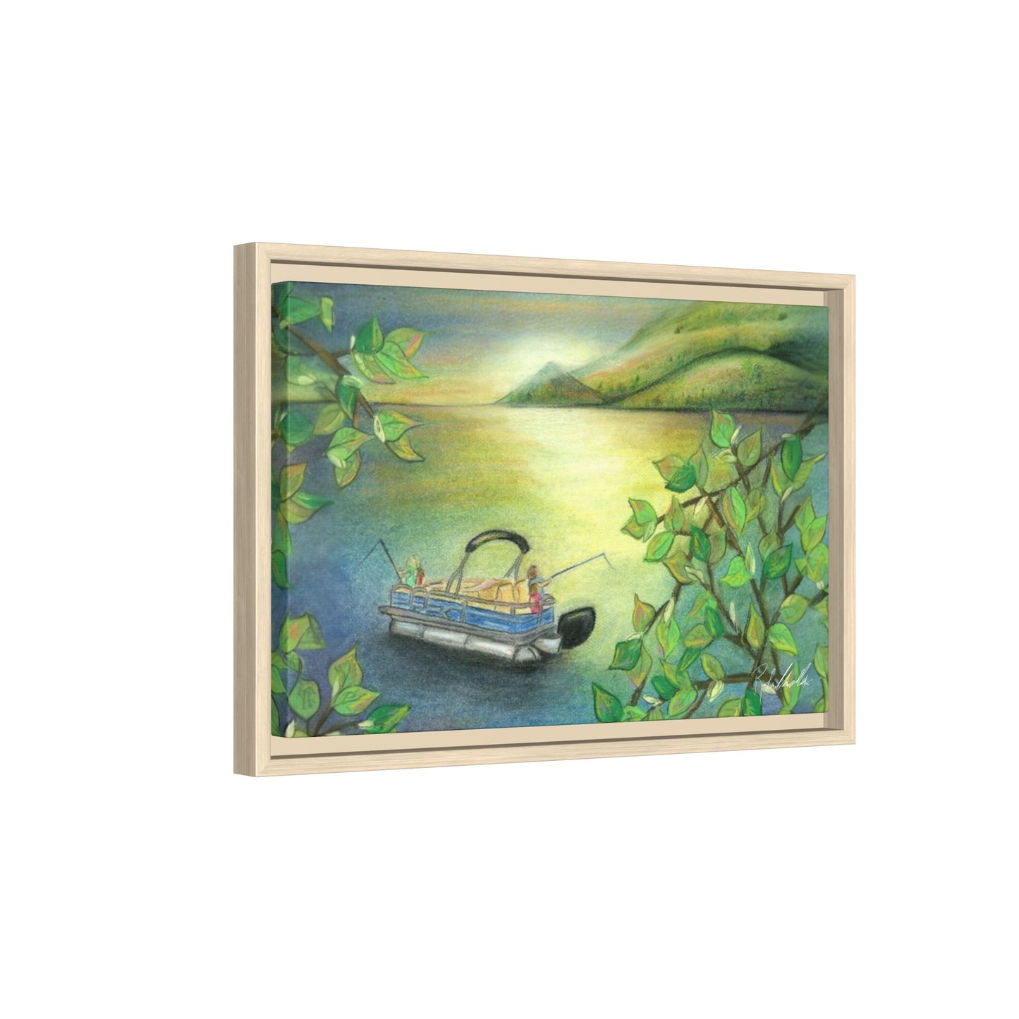 Pontoon Boat on Lake Framed Wall Art