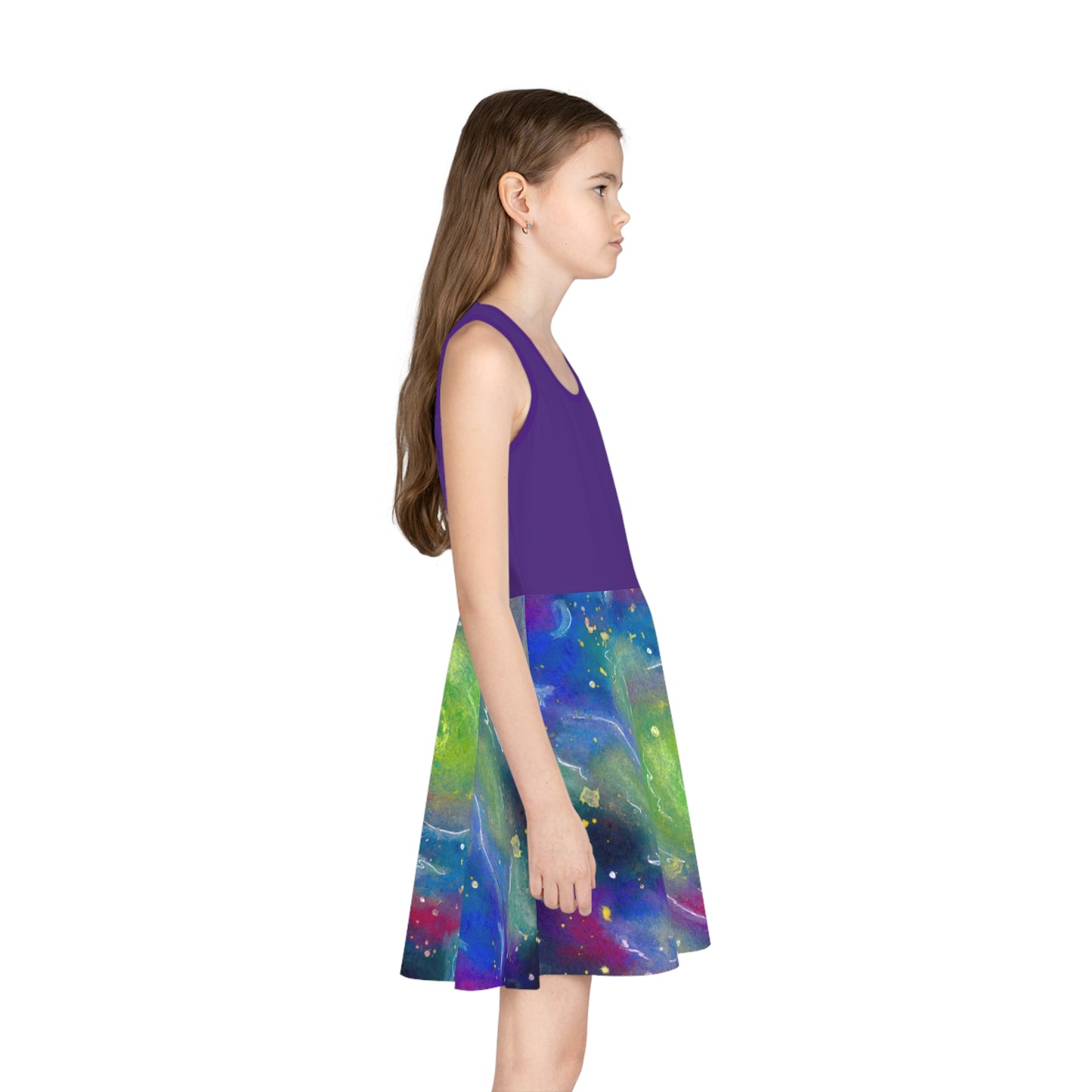 Purple Top Rainbow Vortex Galaxy Girls' Sleeveless Sundress (AOP)