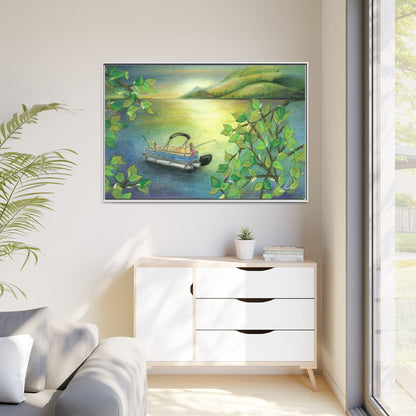 Pontoon Boat on Lake Framed Wall Art