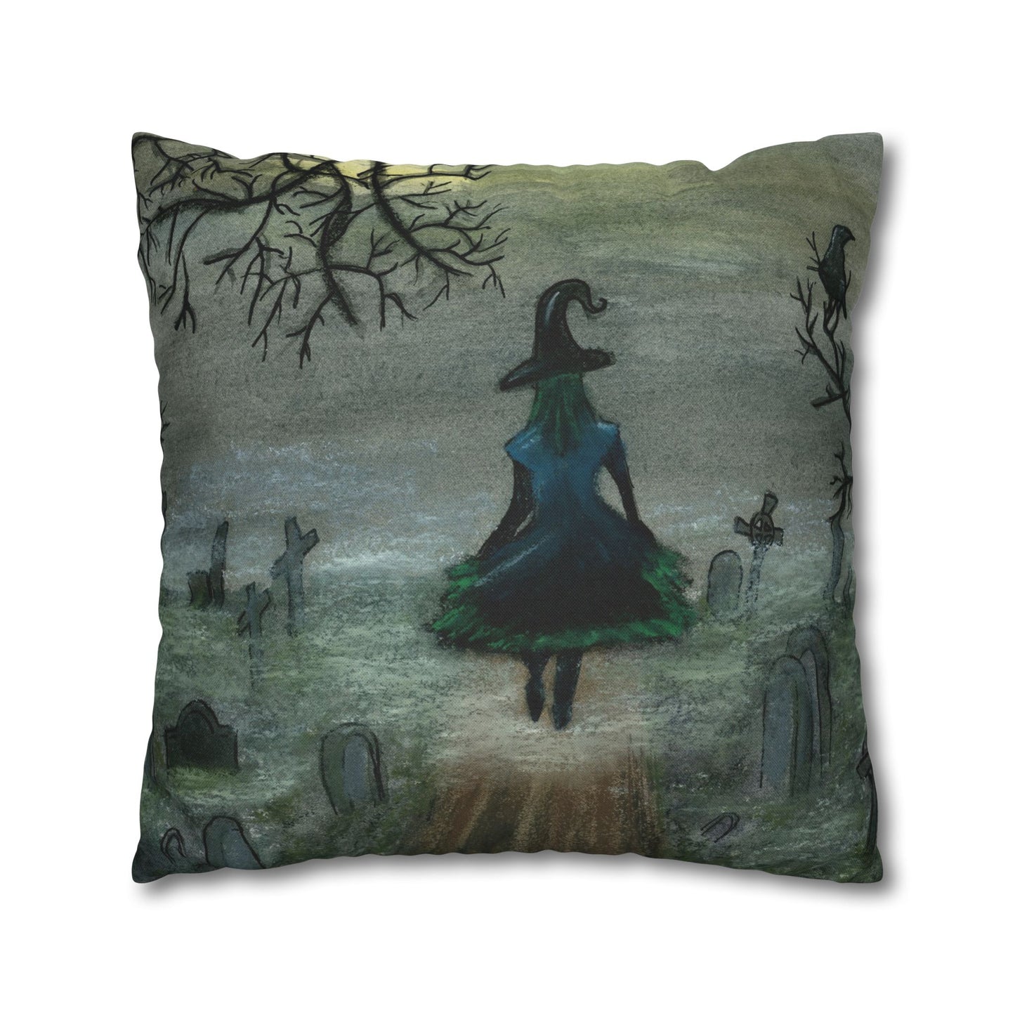 Witch Silhouette Spun Polyester Pillow - Haunted Graveyard Halloween Decor