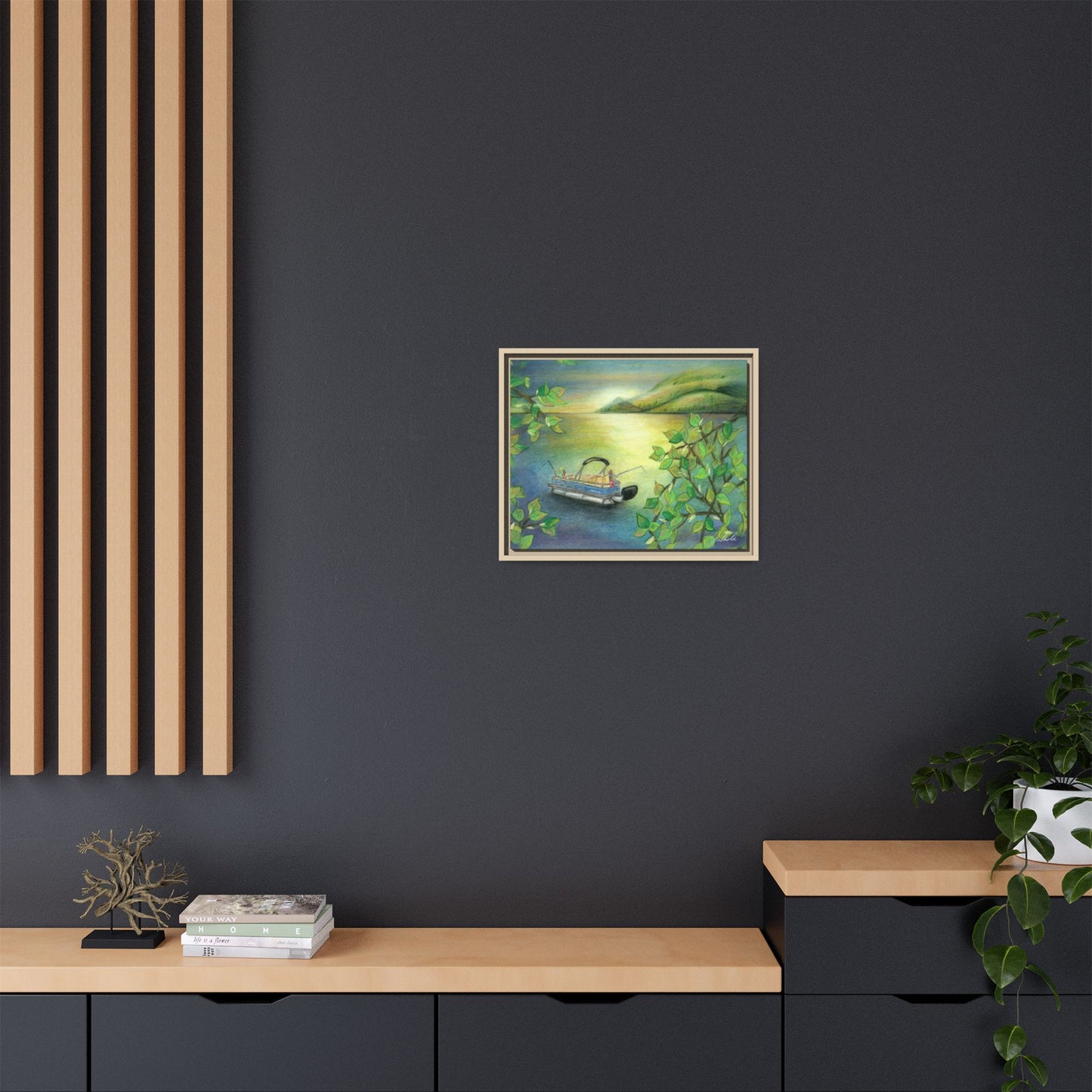 Pontoon Boat on Lake Framed Wall Art