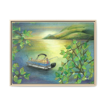 Pontoon Boat on Lake Framed Wall Art