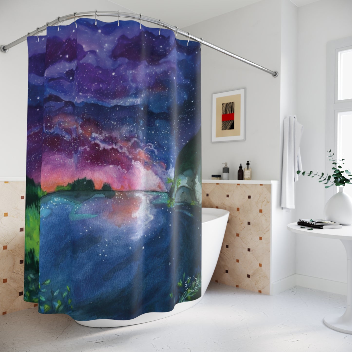 Galaxy Lake Shower Curtain — Aurora Night Sky Bathroom Decor
