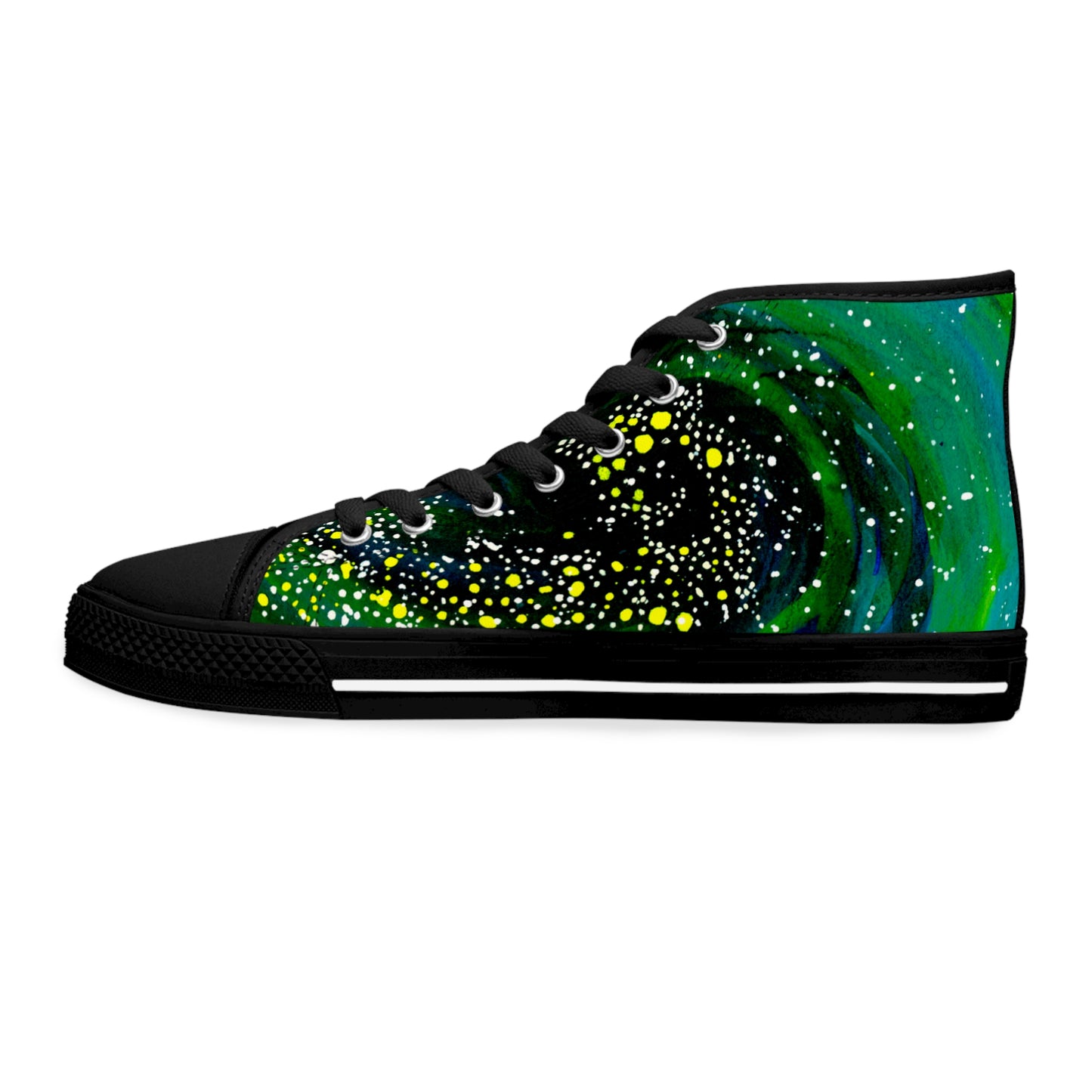 Galaxy Green Women's High-Top Sneakers — Cosmic Swirl Design