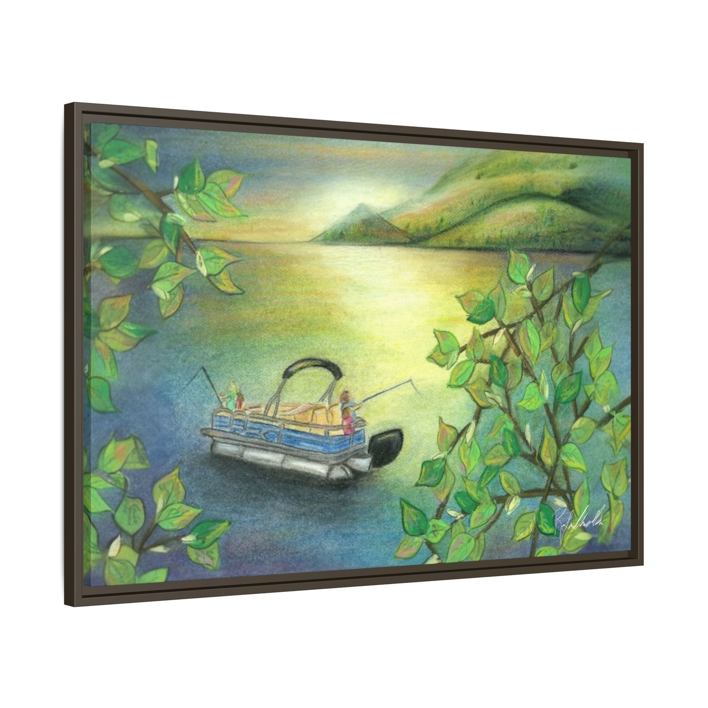 Pontoon Boat on Lake Framed Wall Art