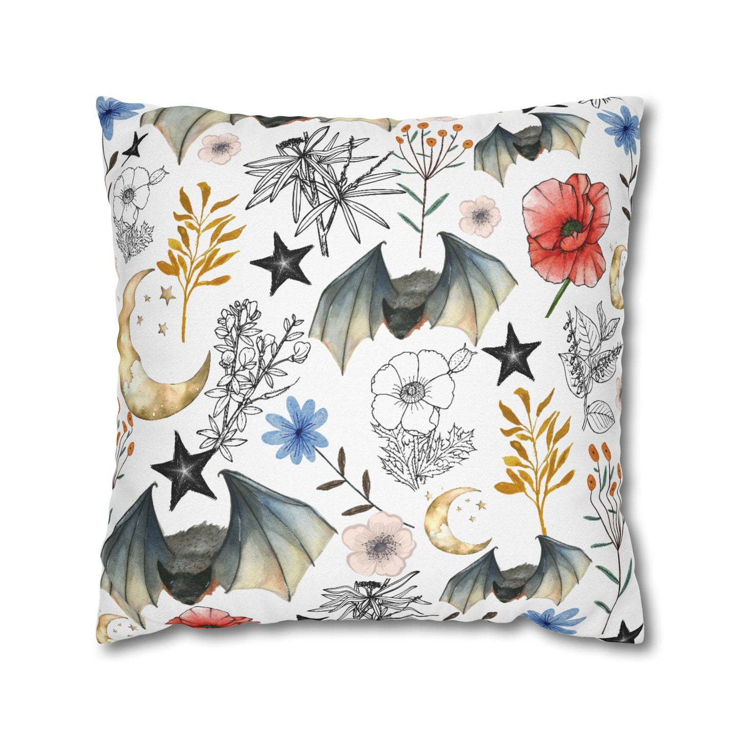 Botanical Night Bat Pillowcase — Floral Moon & Stars Throw Pillow Cover